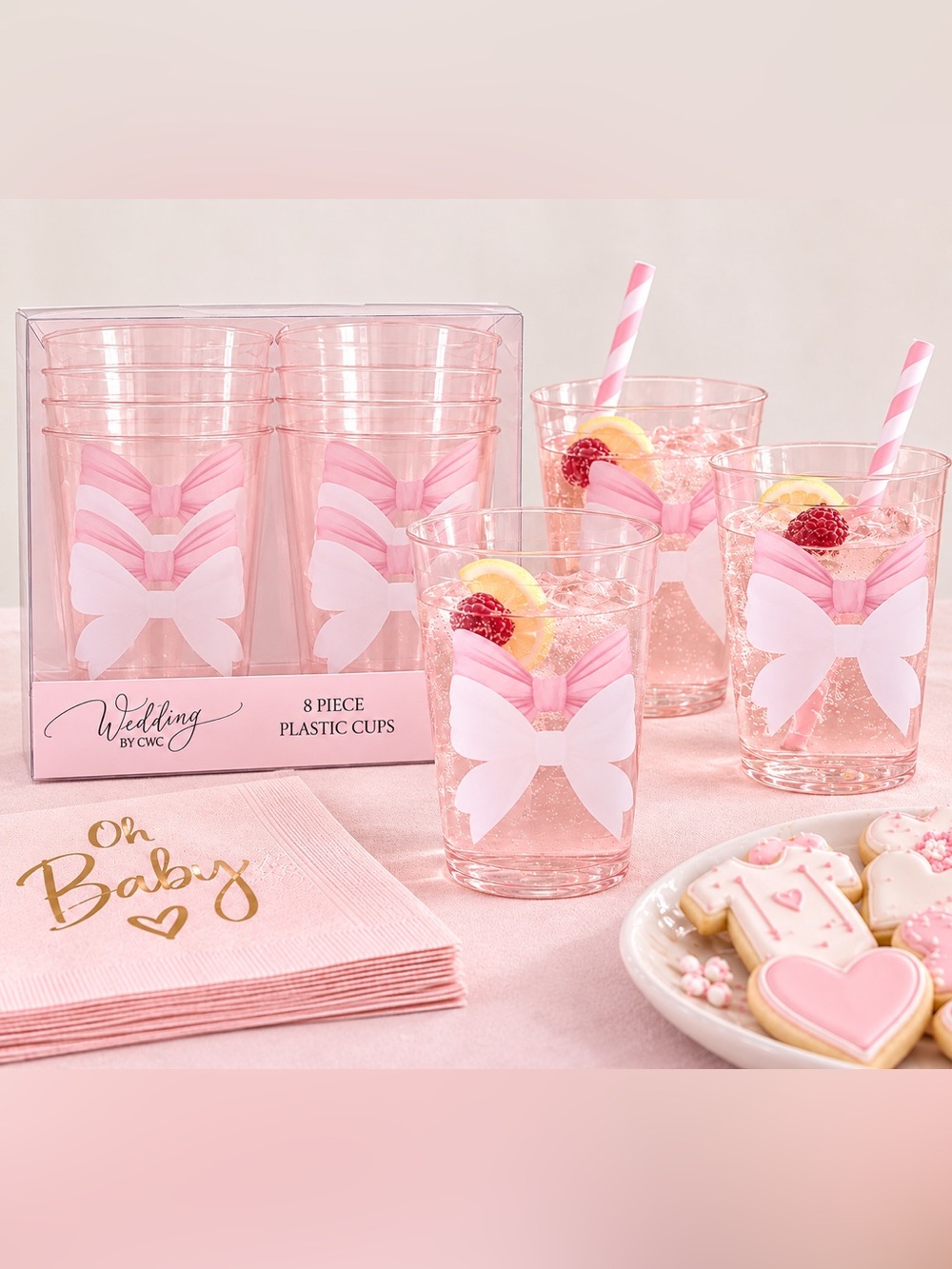 Cook With Color Wedding 8 Pc Reusable Plastic Cups Pink White Bow Bridal